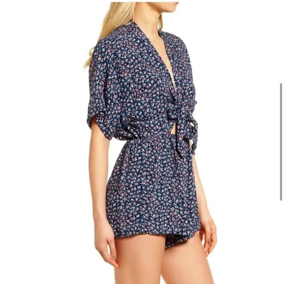Rails Minka Navy Blue & Pink Short Sleeve V-neck Front Key-hole & Tie Romper M - Picture 5 of 16